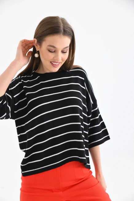 Bisiklet Yaka Çizgili Mevsimlik Kısa Triko Kazak