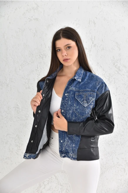 Women s Blue Leather Garnished Pocket Detailed Jean Jacket