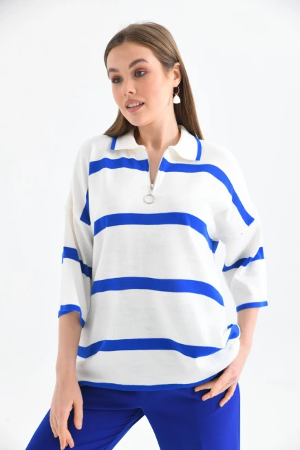 Polo Yaka Fermuarlı Çizgili Salaş Mevsimlik Trko Kazak