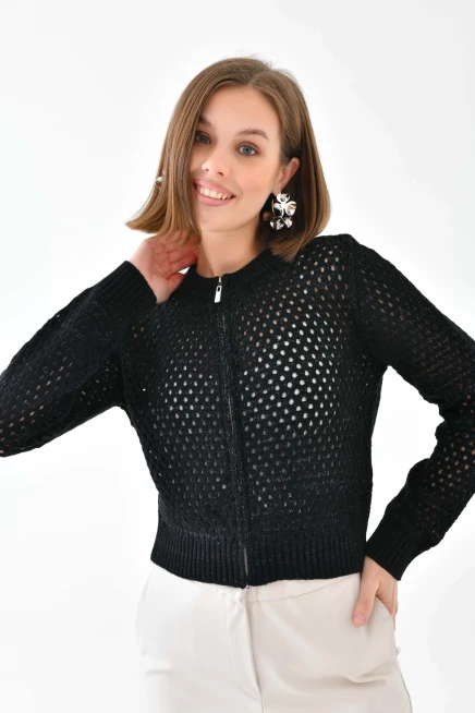 Bisiklet Yaka Fermuar Detaylı Delikli Triko Kazak