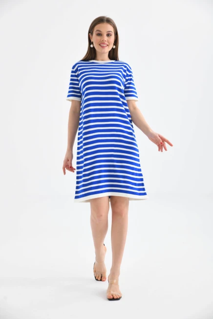 Kadın Çizgili Bisiklet Yaka Mevsimlik Triko Elbise